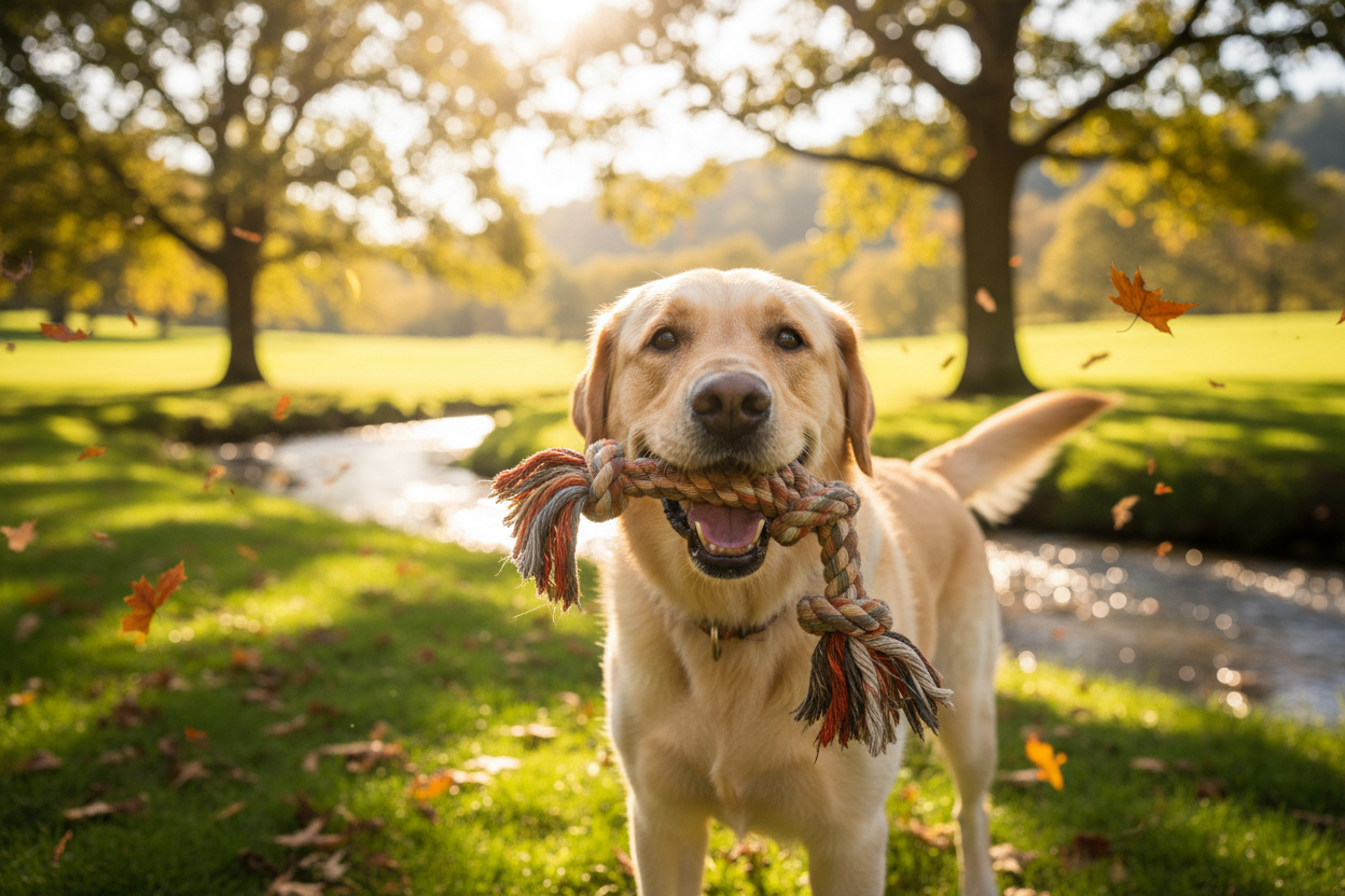 CHIEN LABRADOR HEUREUX AVEC UN JOUET A LA BOUCHE